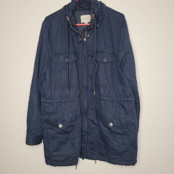 LOFT dark blue zip front front pockets linen blend barn chore coat size large - Picture 1 of 8